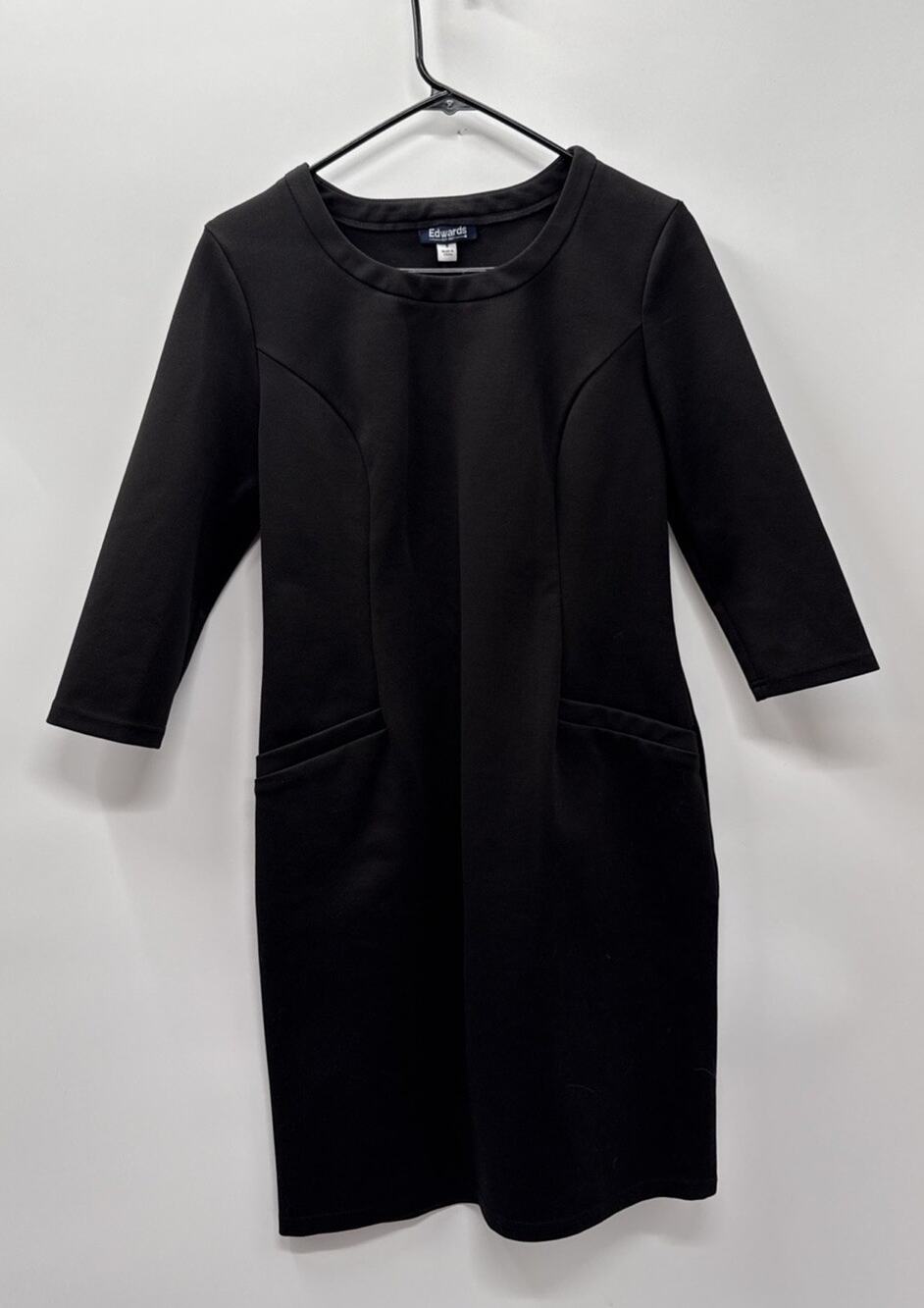 Edwards Black Sheath Dress Size 8 Career Office Stretch 3/4 Sleeve Pockets